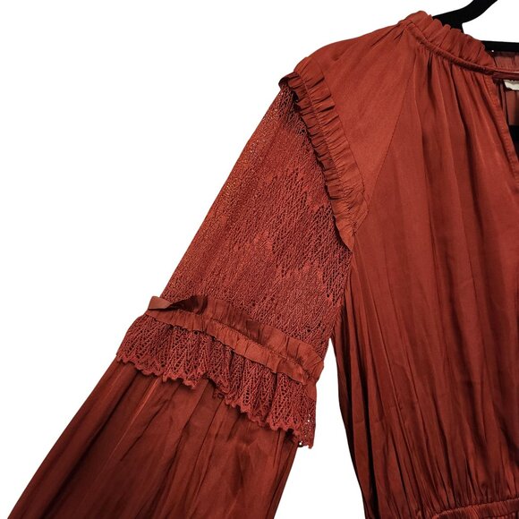 Current Air Rust Satin Mini Dress Size Small Lace Long Sleeves - Picture 2 of 8
